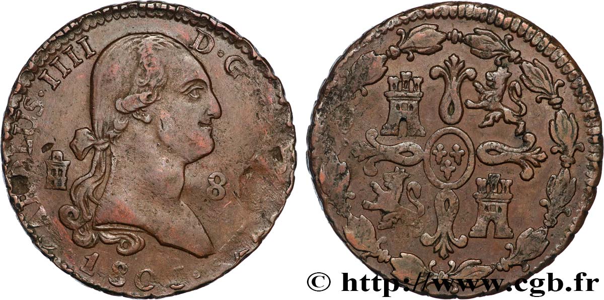 ESPAGNE 8 Maravedis Charles IIII 1805 Ségovie TB