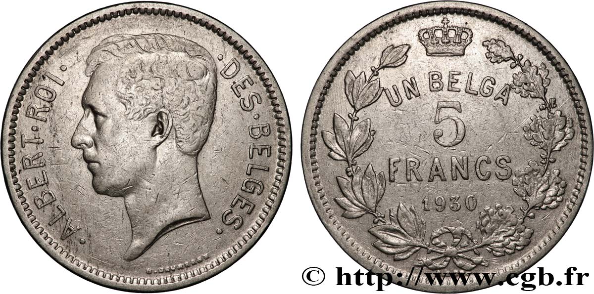 BELGIUM 5 Francs - 1 Belga Albert Ier légende Française 1930 XF