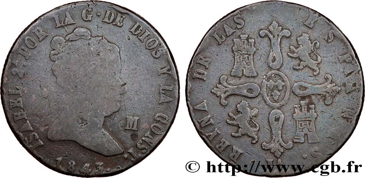 ESPAGNE 8 Maravedis Isabelle II 1843 Ségovie TB