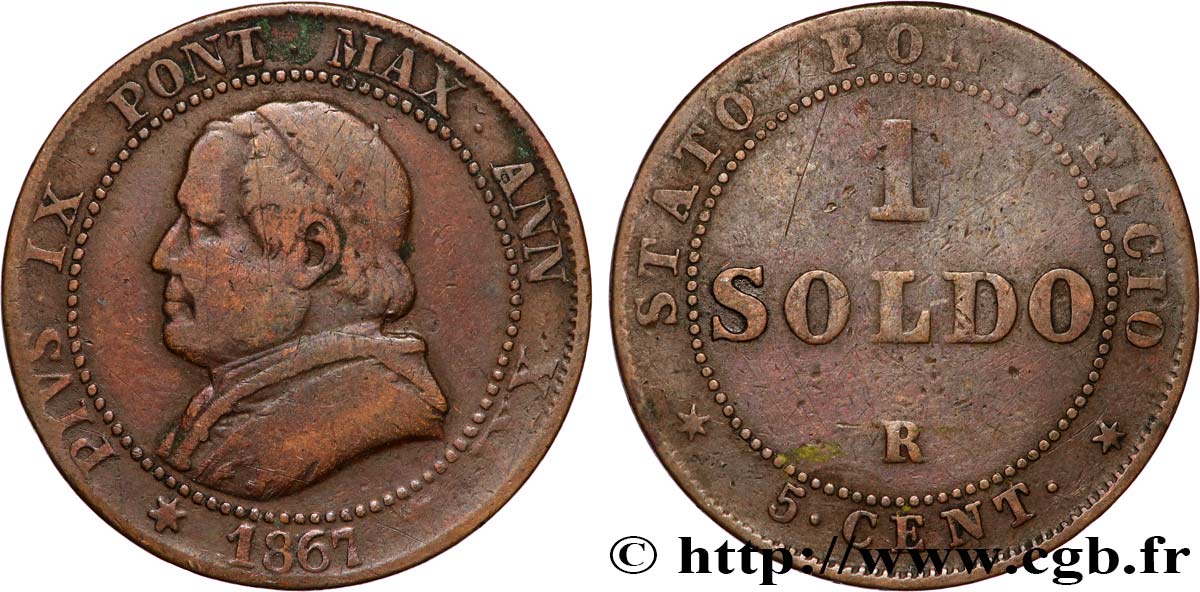 VATICAN ET ÉTATS PONTIFICAUX 1 Soldo an XXI buste large 1867 Rome TB