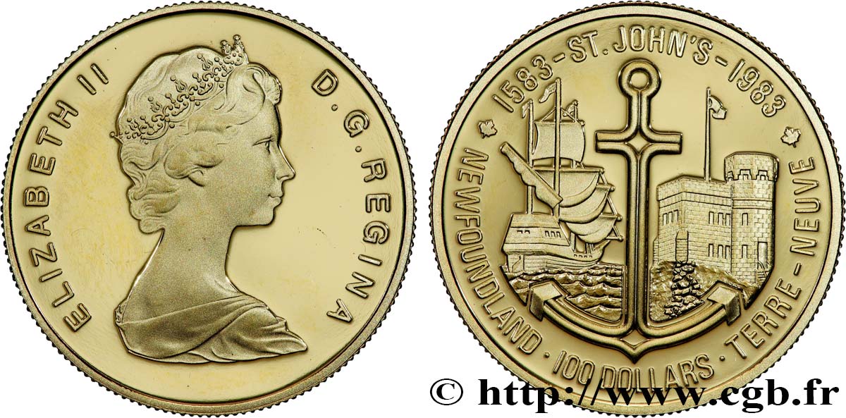 KANADA 100 Dollars or Proof Elisabeth II 400e anniversaire de Saint John’s sur Terre-Neuve 1983  ST 