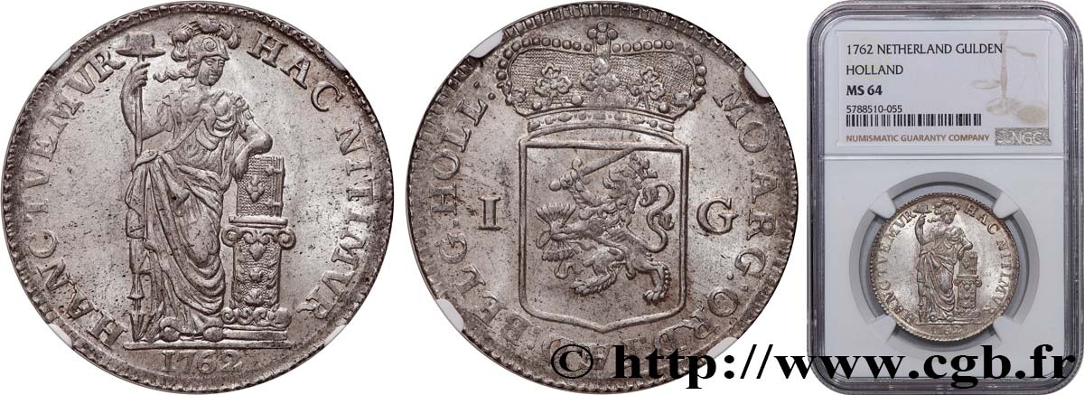 NETHERLANDS - HOLLAND 1 Gulden 1762  MS64 NGC