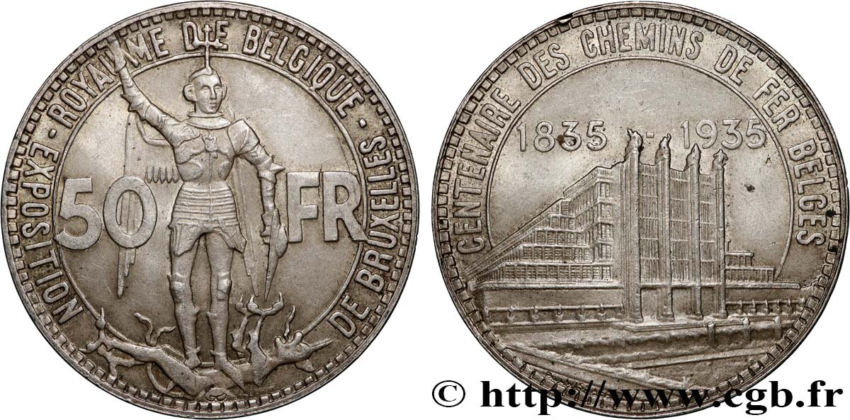 BÉLGICA 50 Francs Exposition de Bruxelles et centenaire des chemins de fer belge 1935  MBC+ 
