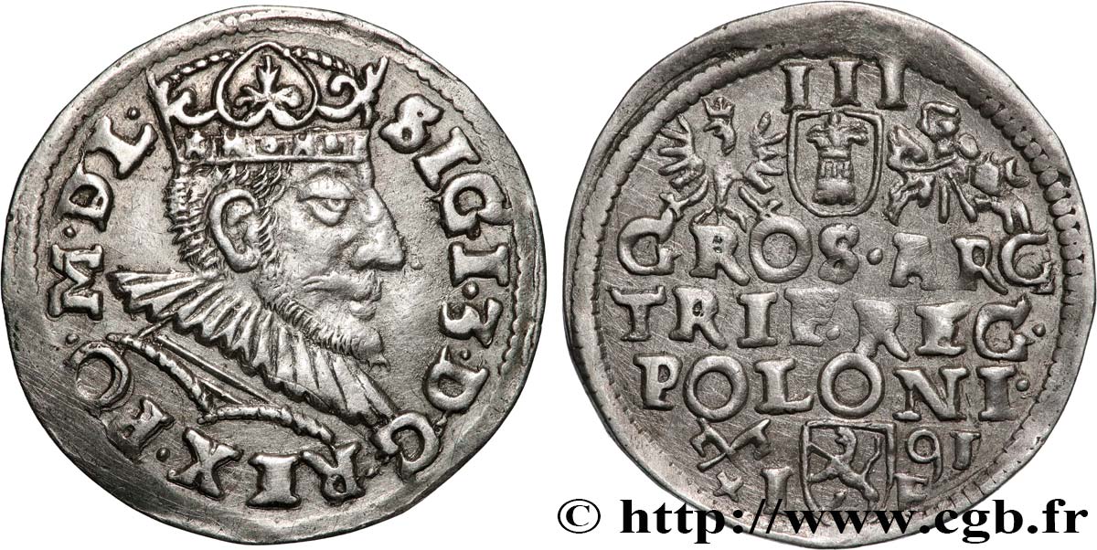 POLOGNE - ROYAUME DE POLOGNE - SIGISMOND III VASA Trois groschen ou trojak koronny 1591 Cracovie TTB+