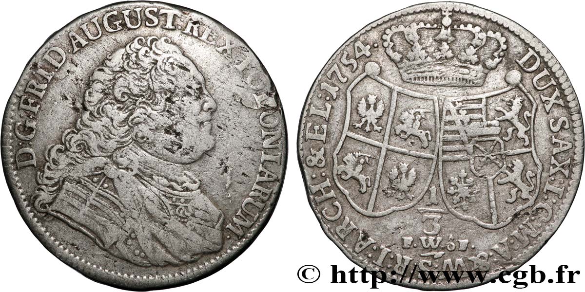POLAND 1/3 Thaler  Frédéric Auguste 1754  XF 