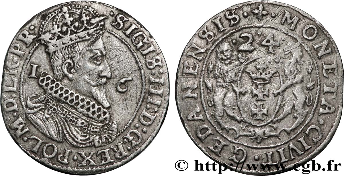 POLOGNE 1/4 de Thaler Sigismond III Vasa 1624 Dantzig TTB 