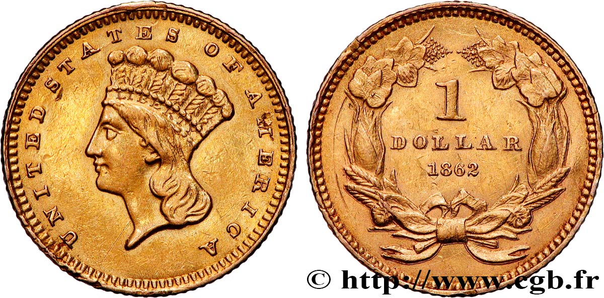 UNITED STATES OF AMERICA 1 Dollar ”Indian Princess”, tête large 1862 Philadelphie AU 