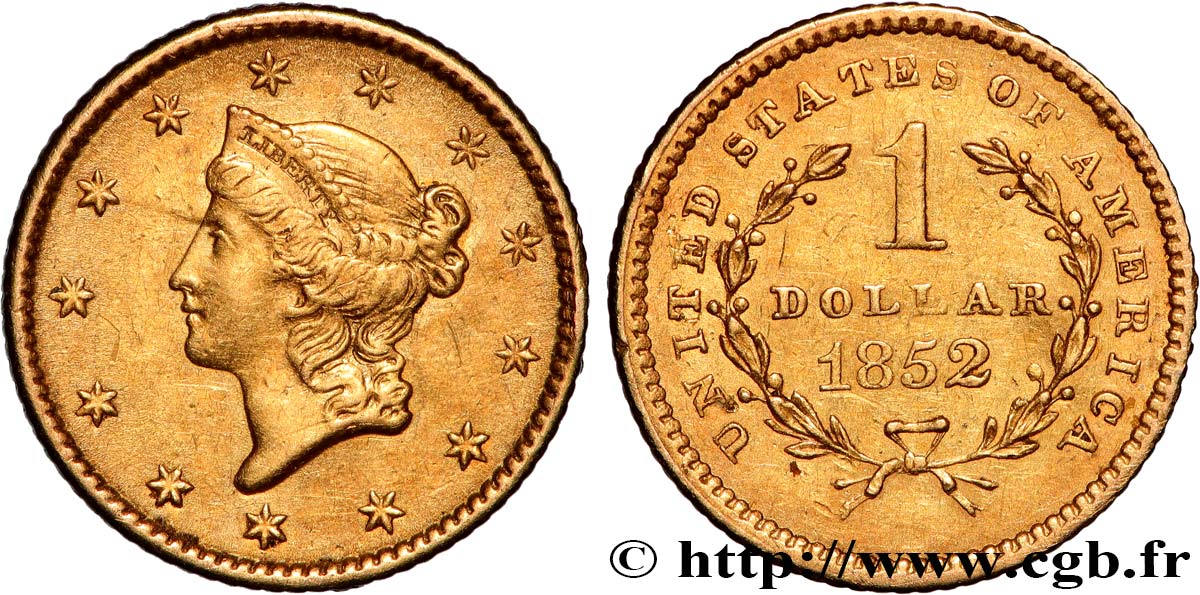 ÉTATS-UNIS D AMÉRIQUE 1 Dollar Or  Liberty head  1er type 1852 Philadelphie MBC+ 