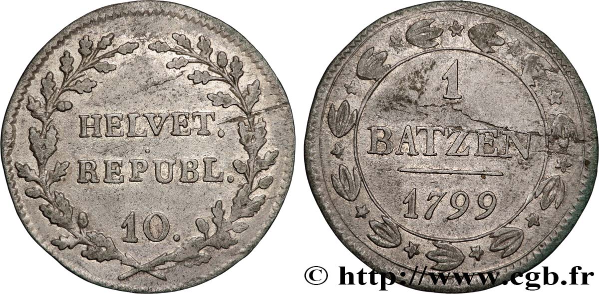 SCHWEIZ - HELVETISCHE REPUBLIK 1 Batzen (10 Rappen) République Helvétique 1799  fSS 