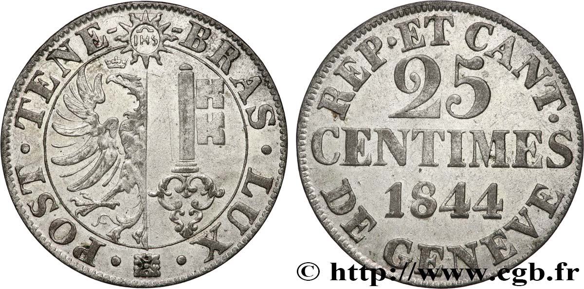 SVIZZERA - REPUBBLICA DE GINEVRA 25 Centimes - Canton de Genève 1844  q.SPL 