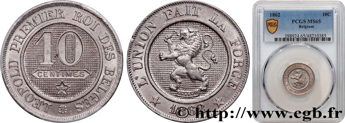 BÉLGICA 10 Centimes lion 1862  FDC65 PCGS