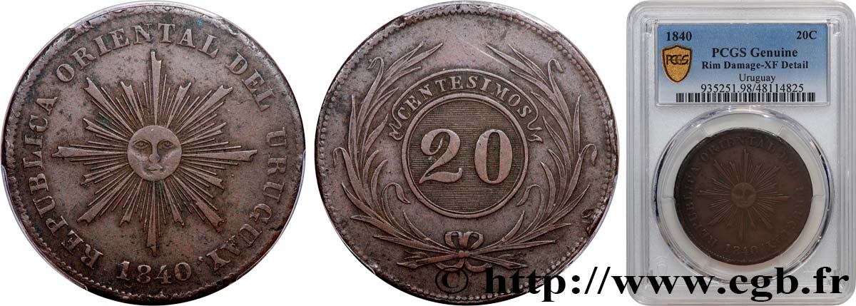 URUGUAY 20 Centesimos 1840  SS PCGS