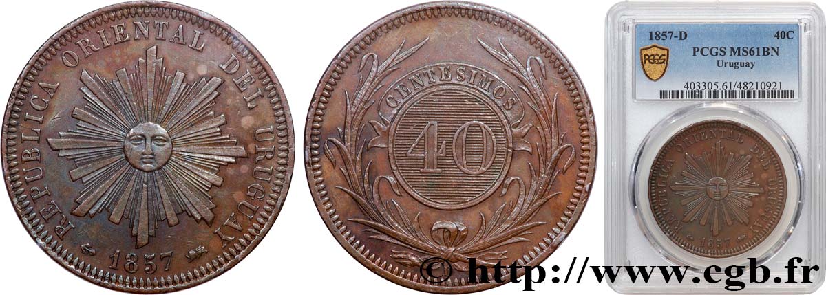 URUGUAY 40 Centesimos 1857 Lyon  MS61 PCGS