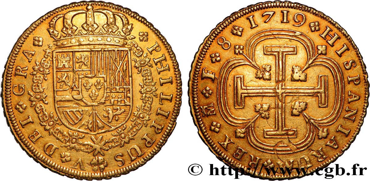 SPAIN - KINGDOM OF SPAIN - PHILIP V OF BOURBON 8 Escudos 1719 Madrid AU 