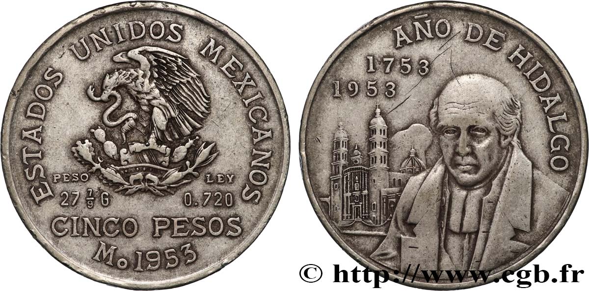 MÉXICO 5 Pesos Bicentenaire de la naissance d’Hidalgo 1953 Mexico MBC+ 