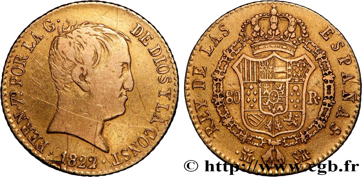 SPAIN - KINGDOM OF SPAIN - FERDINAND VII 80 Reales 1822 Madrid VF 