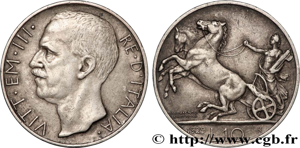 ITALY - VICTOR EMMANUEL III 10 Lire char antique 1929 Rome XF 
