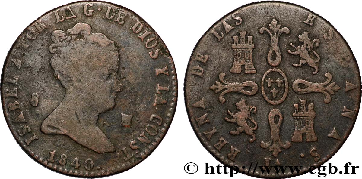 ESPAGNE 8 Maravedis Isabelle 1840 Jubia TB