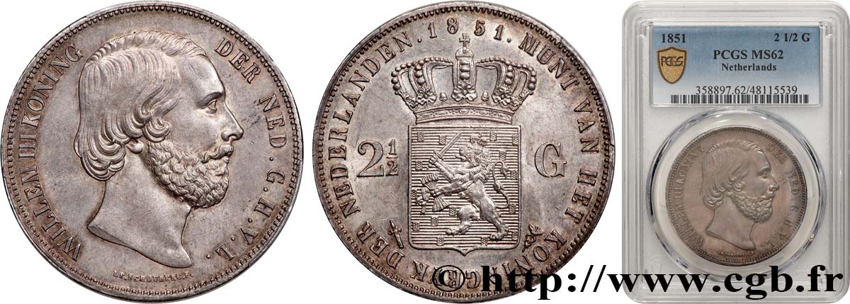NETHERLANDS - KINGDOM OF THE NETHERLANDS - WILLIAM III 2 1/2 Gulden  1851 Utrecht MS62 PCGS