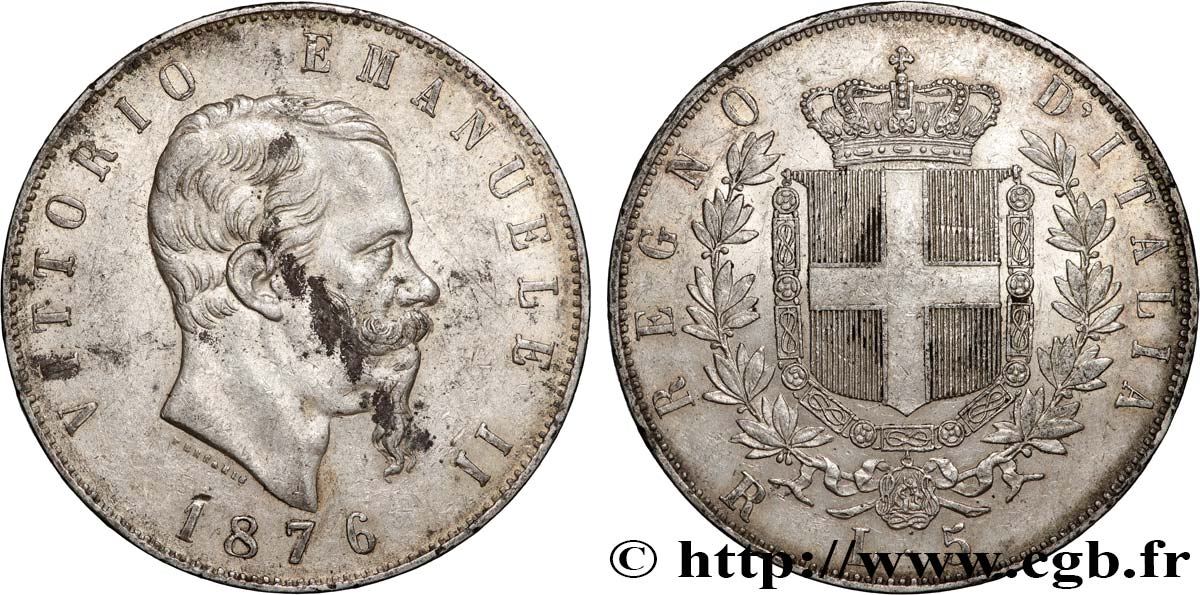 ITALY - KINGDOM OF ITALY - VICTOR-EMMANUEL II 5 Lire  1876 Rome XF 
