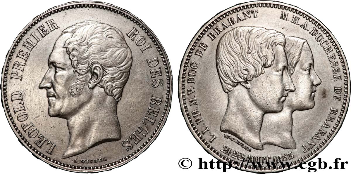 BELGIQUE 5 Francs mariage du Duc et de la Duchesse de Brabant 1853 TTB