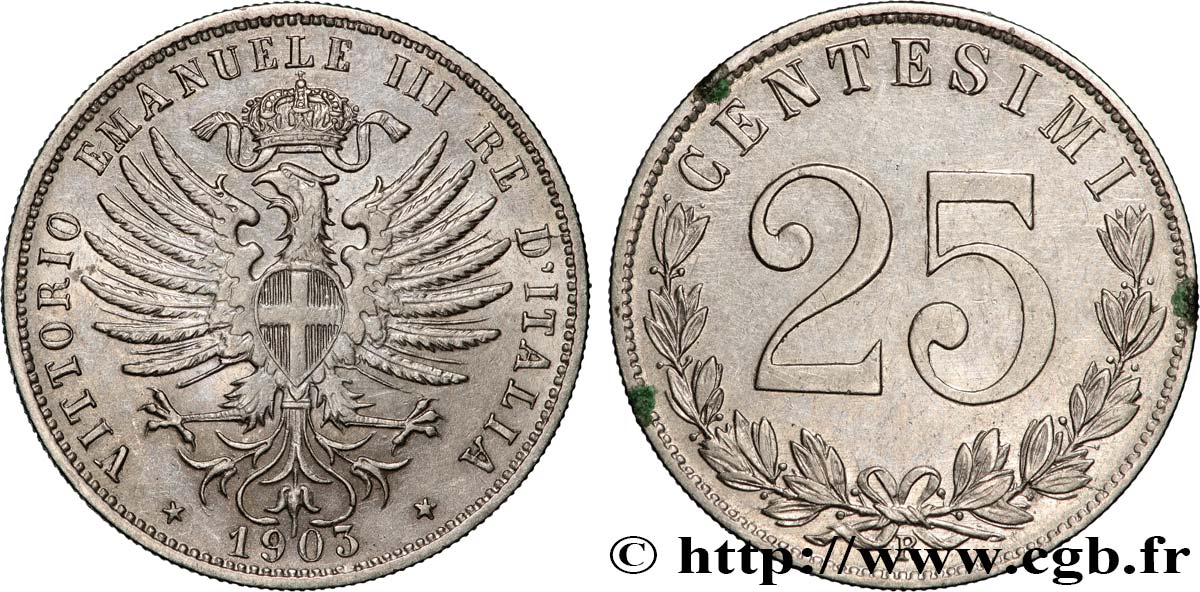 ITALIE - ROYAUME D ITALIE - VICTOR-EMMANUEL III 25 Centesimi 1903 Rome TTB