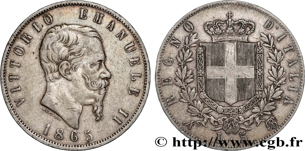 ITALY - KINGDOM OF ITALY - VICTOR-EMMANUEL II 5 Lire  1865 Naples VF 