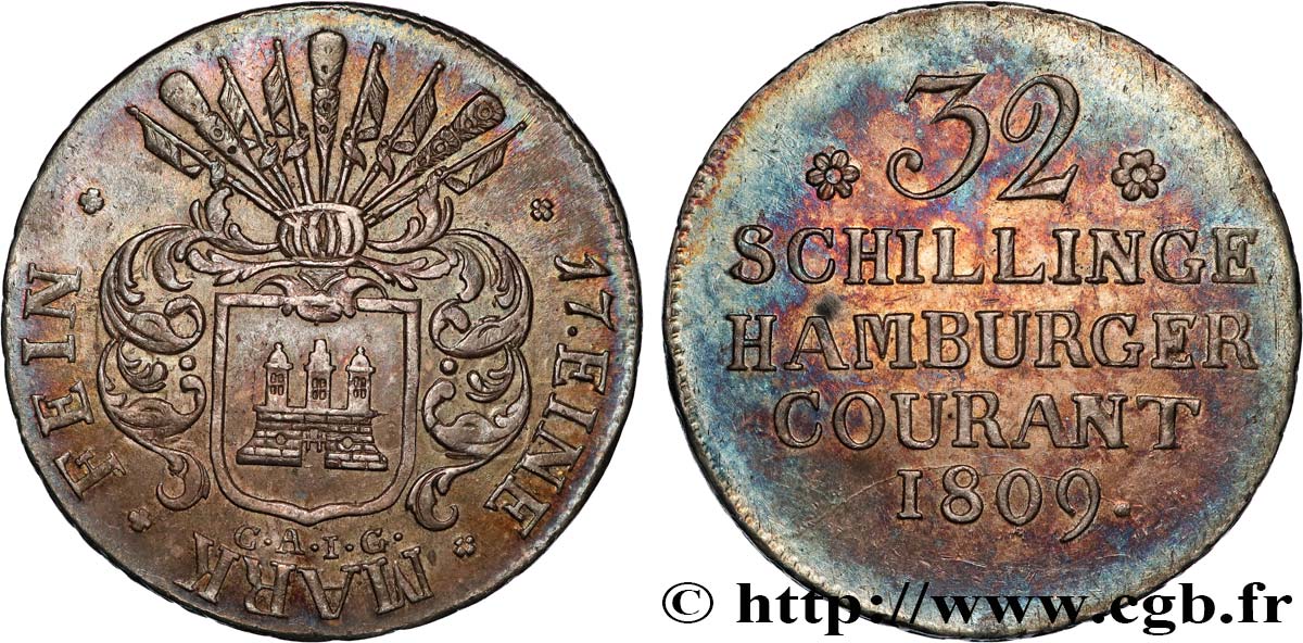 ALLEMAGNE - TERRITOIRE DE HAMBOURG  32 schillings, 2e type 1809 Hambourg TTB+ 