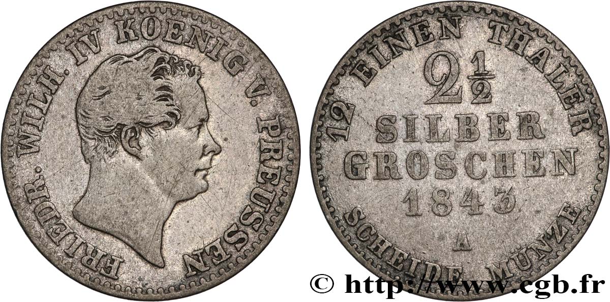 GERMANY - PRUSSIA 2 1/2 Silbergroschen Royaume de Prusse Frédéric Guillaume IV 1843 Berlin VF 