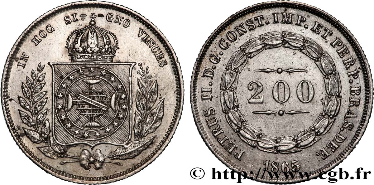 BRÉSIL - EMPIRE DU BRÉSIL - PIERRE II 200 Reis  1865  TTB+ 