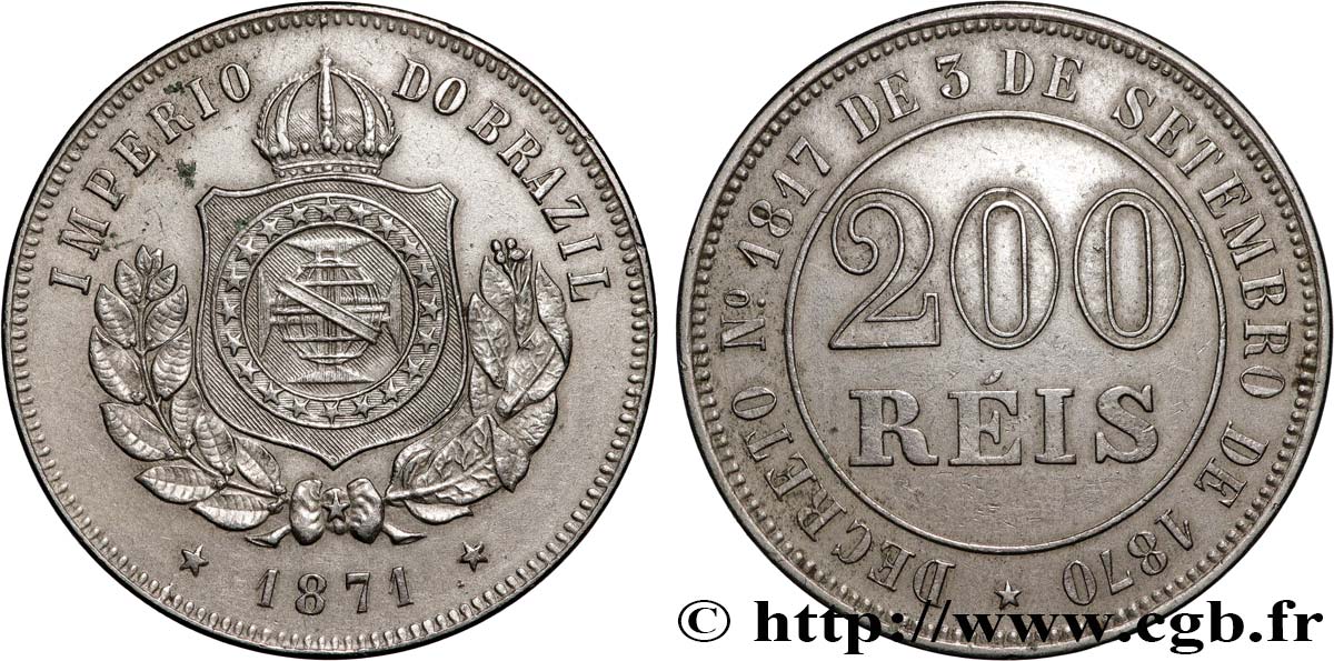 BRÉSIL 200 Reis Empire du Brésil 1871  TTB+ 