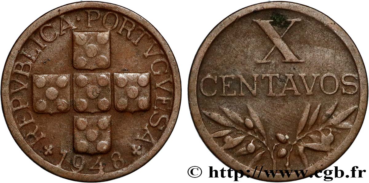 PORTUGAL 10 Centavos 1948  XF 