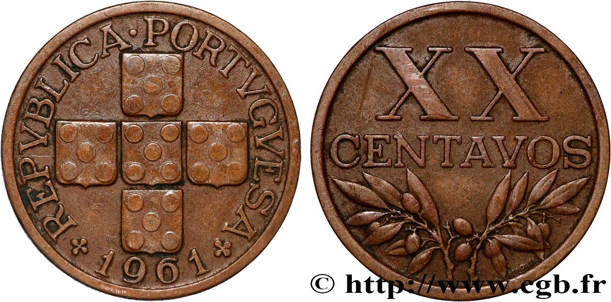 PORTUGAL 20 Centavos 1961  AU 