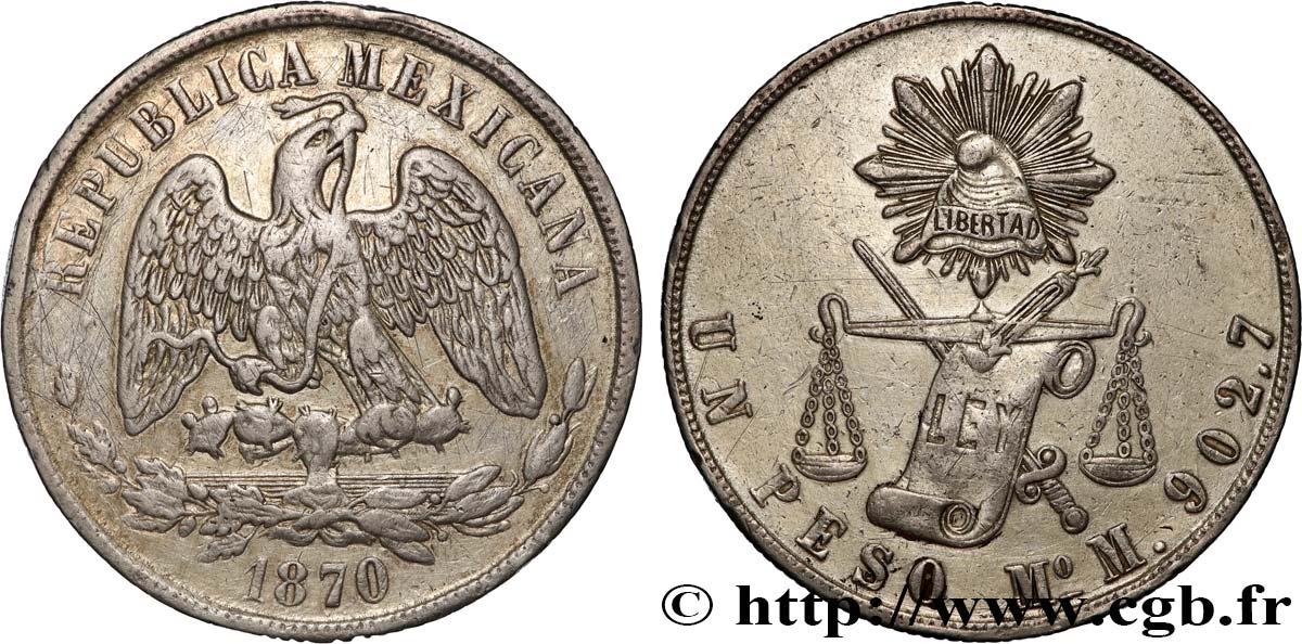 MEXICO 1 Peso aigle 1870 Mexico XF 