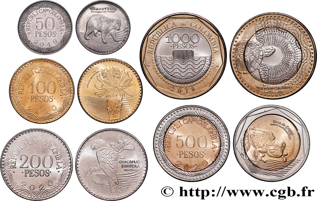 COLOMBIE Lot 5 monnaies 20, 100, 200, 500 & 1000 Pesos 2019-2020  SPL 