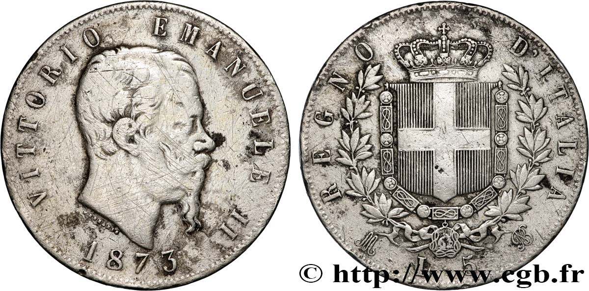 ITALIA 5 Lire Victor Emmanuel II 1873 Milan BC+ 