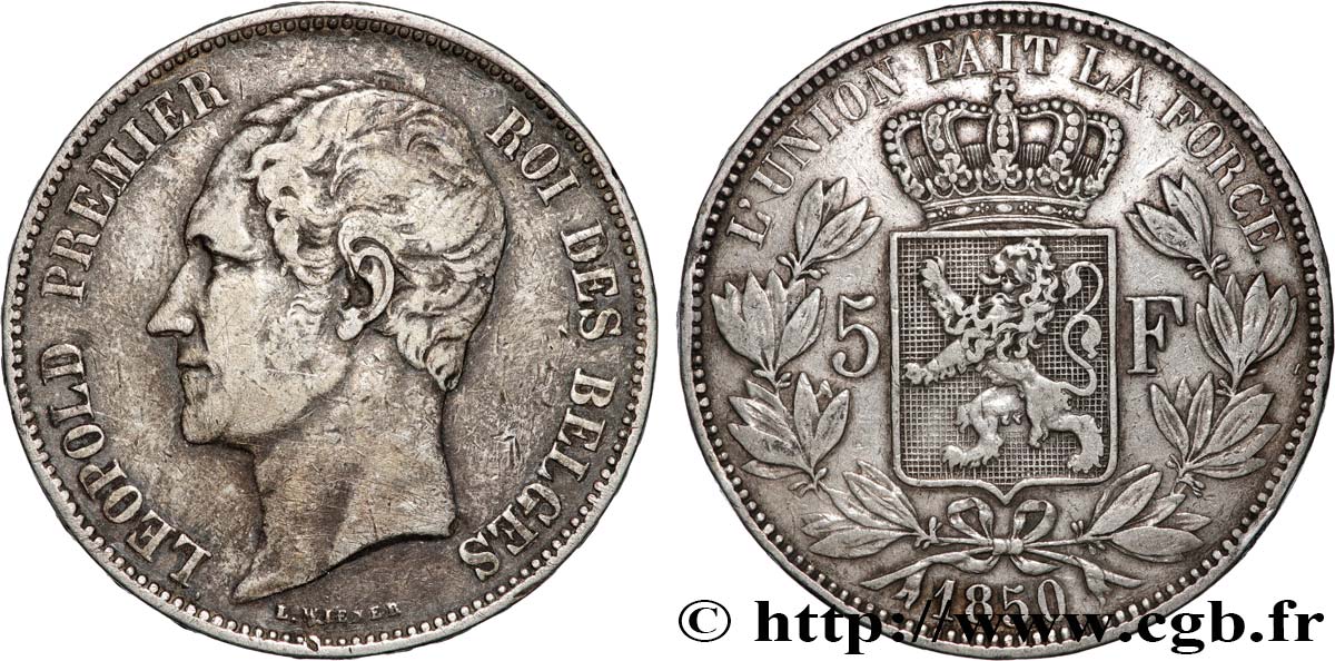 BELGIQUE 5 Francs Léopold Ier 1850 TB+