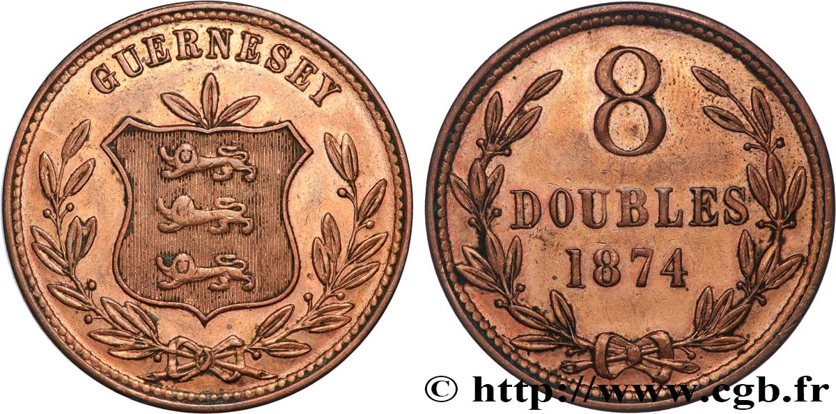 GUERNESEY 8 Doubles armes du baillage de Guernesey 1874  TTB+ 