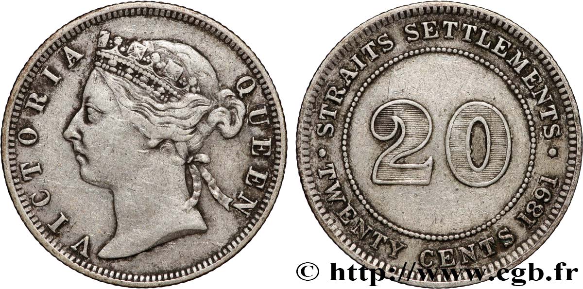 MALAYSIA - STRAITS SETTLEMENTS 20 Cents Victoria 1891  XF 