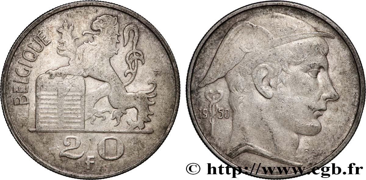 BELGIQUE 20 Francs Mercure, légende française 1950 TB+