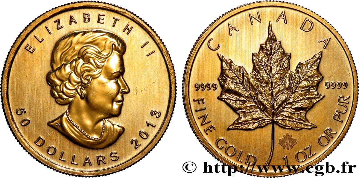 OR D INVESTISSEMENT 1 Oz - 50 Dollars  Maple Leaf  Elisabeth II 2013  SPL 