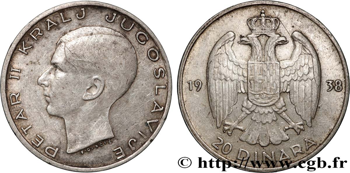 YUGOSLAVIA 20 Dinara Pierre II 1938 XF