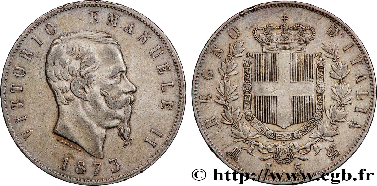 ITALY - KINGDOM OF ITALY - VICTOR-EMMANUEL II 5 Lire  1873 Milan XF 