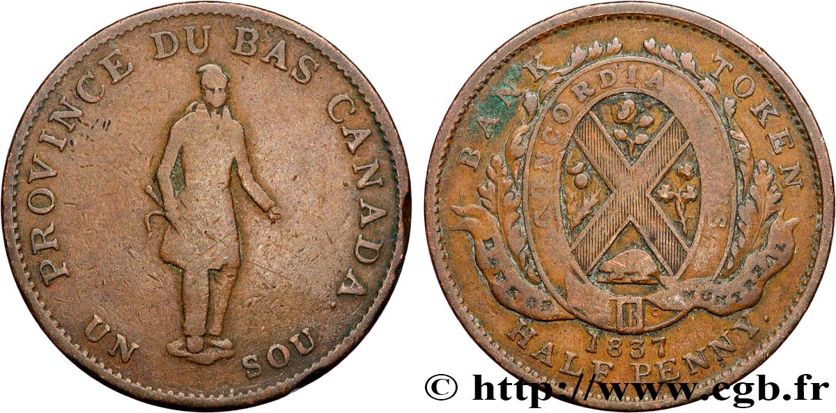 CANADA 1 Sou (1/2 Penny) Province du Bas Canada, Québec 1837 Boulton & Watt TB 