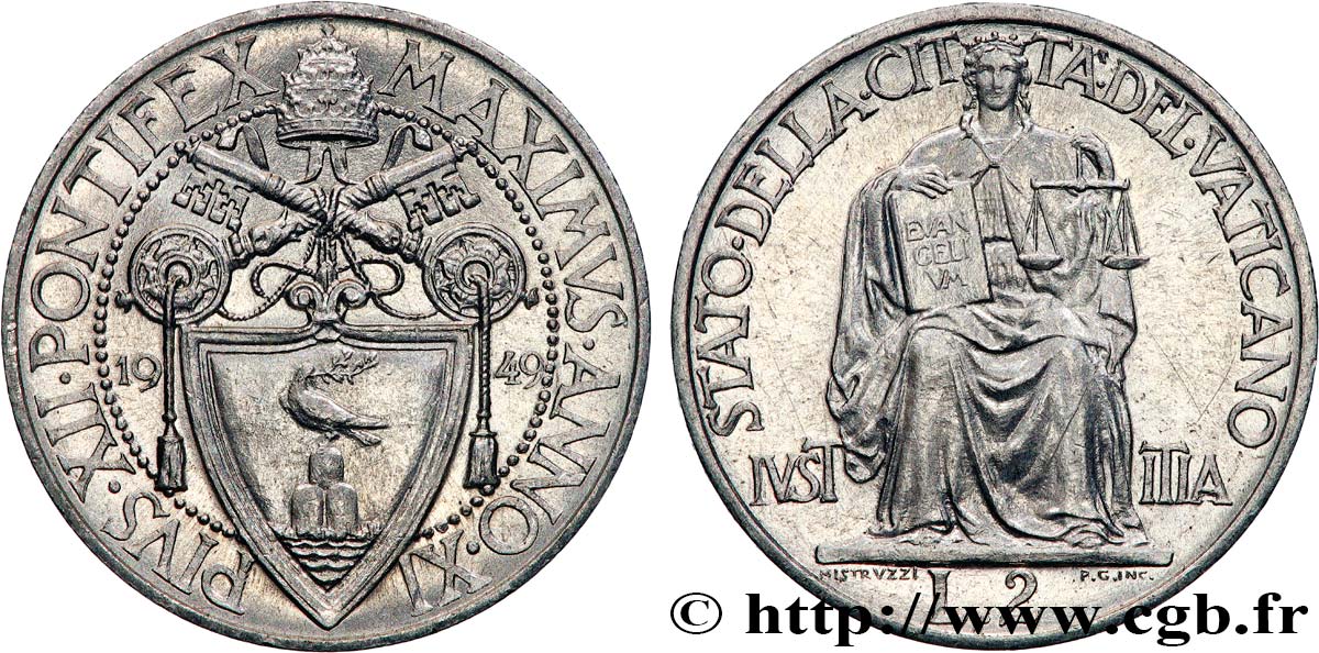VATICAN AND PAPAL STATES 2 Lire Pie XII an XI 1949 Rome AU 