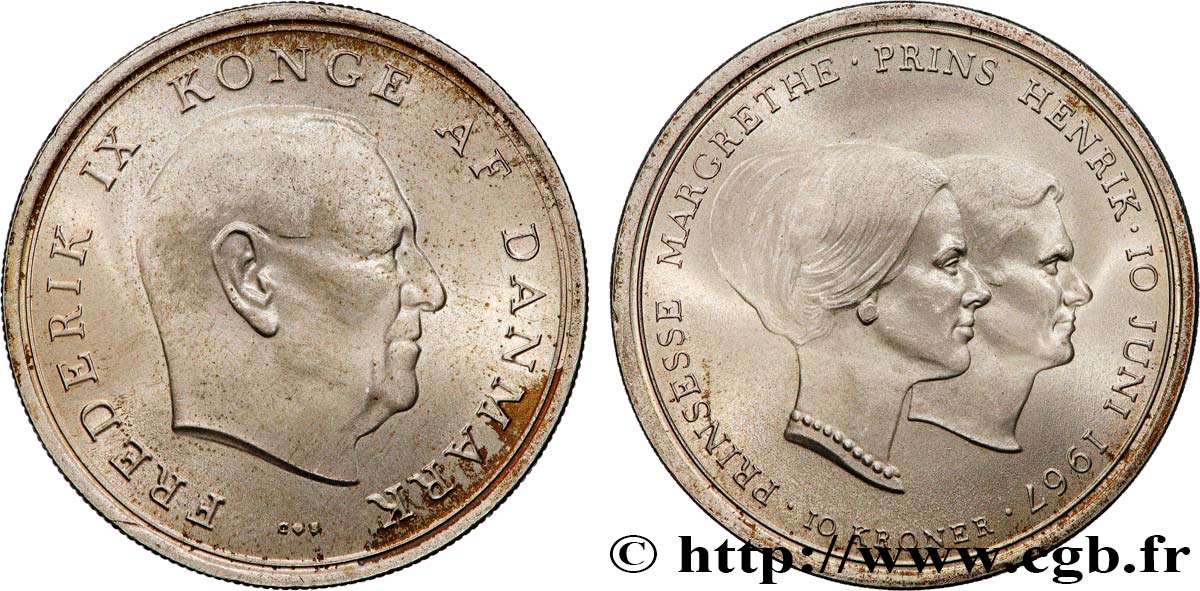 DENMARK 10 Kroner mariage de la princesse Margrethe 1967 Copenhague AU