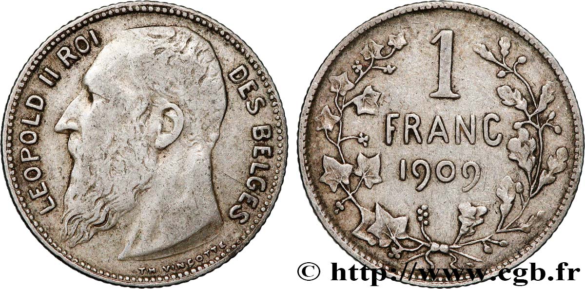 BELGIQUE 1 Franc Léopold II légende française 1909 TB+