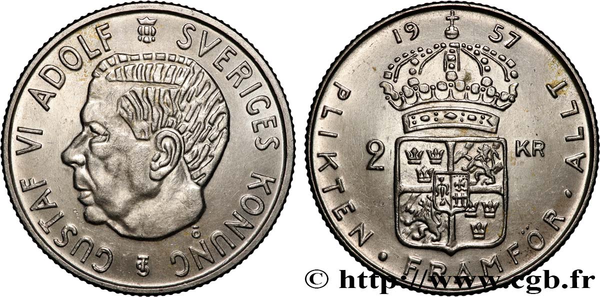 SUÈDE 2 Kronor Gustave V 1957 SUP