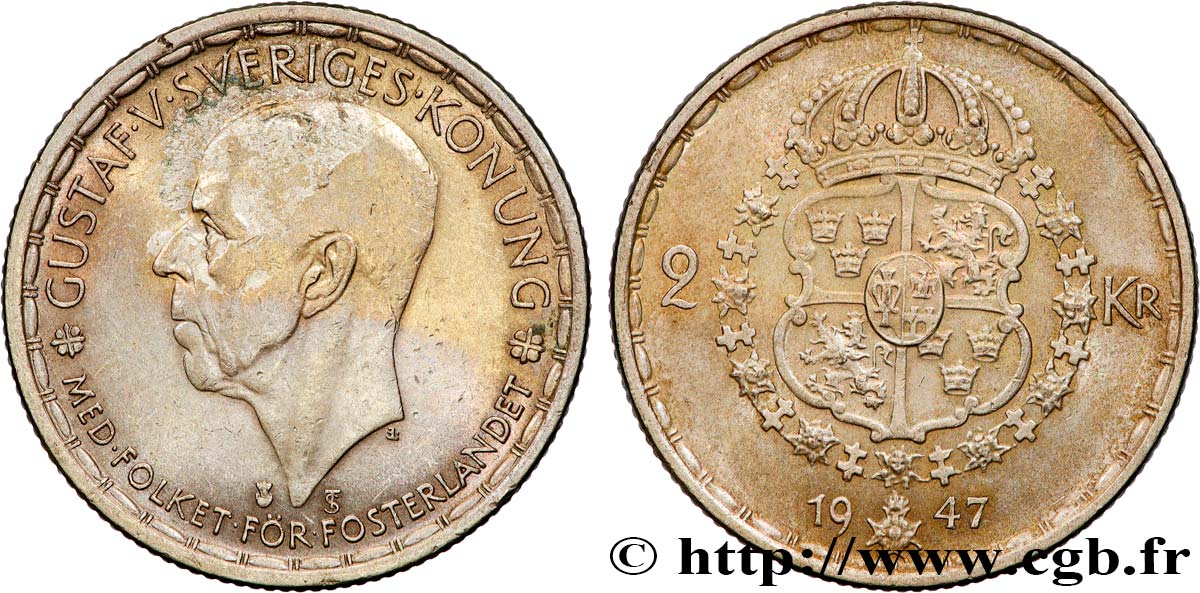 SWEDEN 2 Kronor Gustave V  1947  AU 