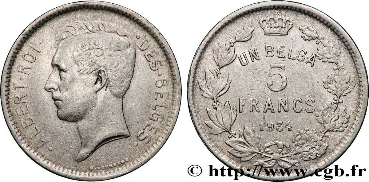 BELGIQUE 5 Francs (1 Belga) Albert Ier légende Française 1934  TTB 